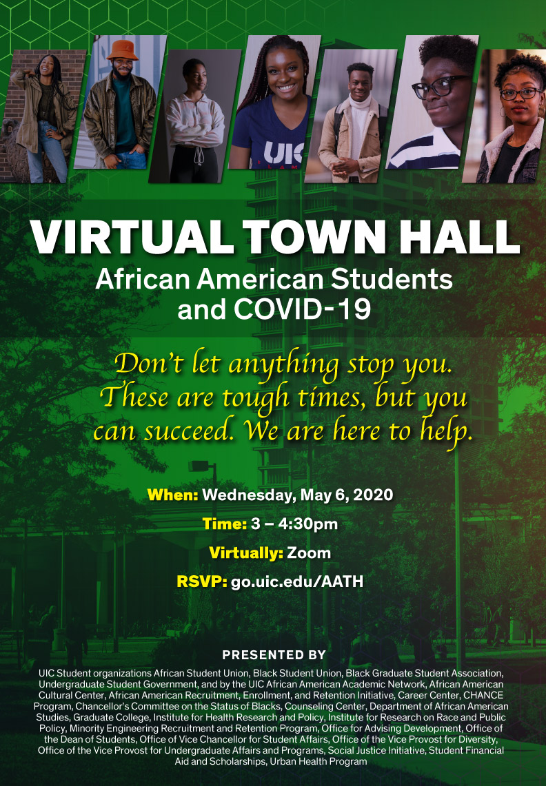 Many African American UIC students and community members on a photo of theUIC campus.