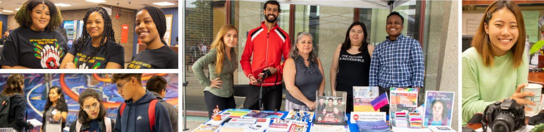 Top Left: Students posing for the camera at the annual bowl-a-thon event. Bottom Left: Students looking through the LCC's archives. Middle: CCUSC staff members at the involvement fair. Right: Student worker at AARCC in front of a camera at AARCC's Open house.