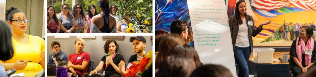 Left photo: Author of a book leads a dialogue hosted by the WLRC. Top Middle: Planting of the tree of remembrance. Student addresses the crowd. Bottom Middle: Dessert Discussions Series held at the GSC. Right Photo: Facilitator at the LCC leads a dialogue while a group of students looks and listens.