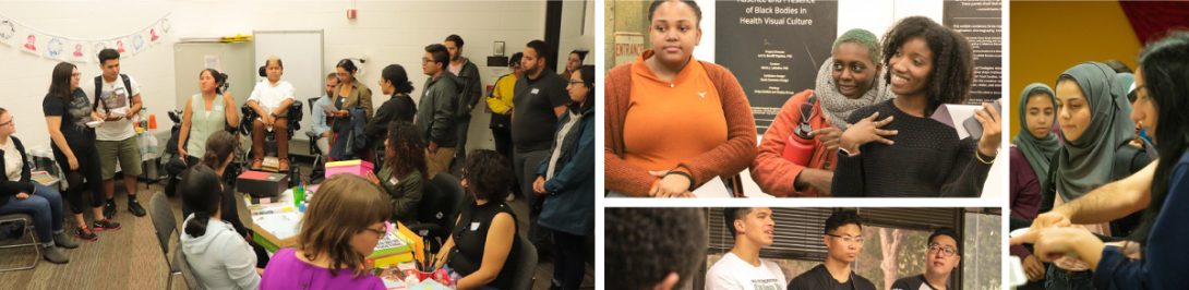 Left Photo: Gathering of students and community members at a Disability Cultural Center Open House. Top Middle: Students attedning a program at the African American Cultural Center event. Bottom Middle: Students attending event hosted by the Asian American cultural center, Right photo: Students at the Arab American Cultural Center open house