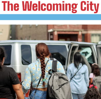 Photo of migrants arriving in Chicago, the welcoming city.
                  