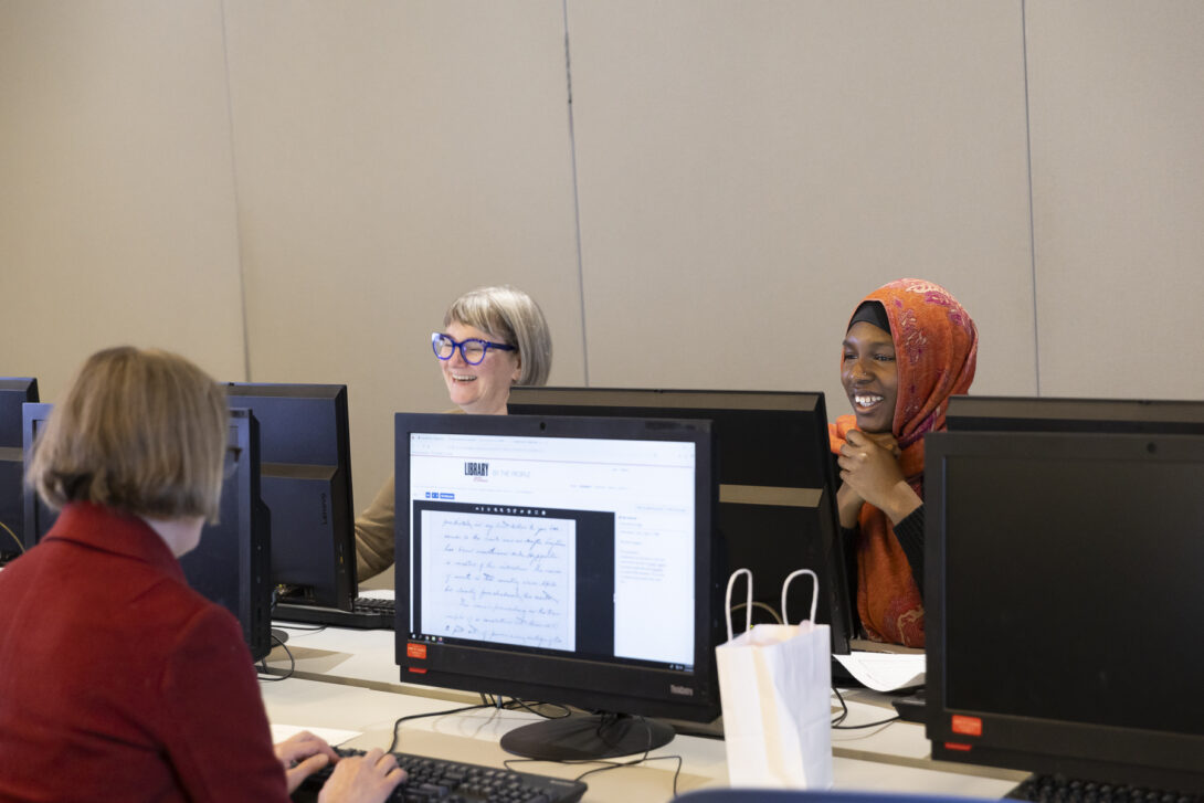 Rasheedah Na’Allah (right) works on her transcription alongside Amy Bailey.