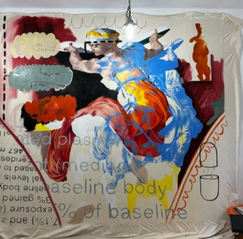 Photo ID: A large scale painting by Matt Bodett on a piece of canvas. It layers line drawings of containers/ pills, medical text, and handwriting in thought clouds over a classical painting of the Libyan Sibyl from Michelangelo's Sistine Chapel paintings. 