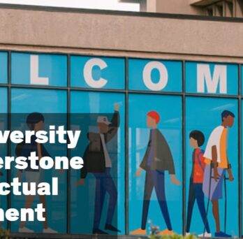 Photo of painted windows outside of Student Center East. A caption reads, 