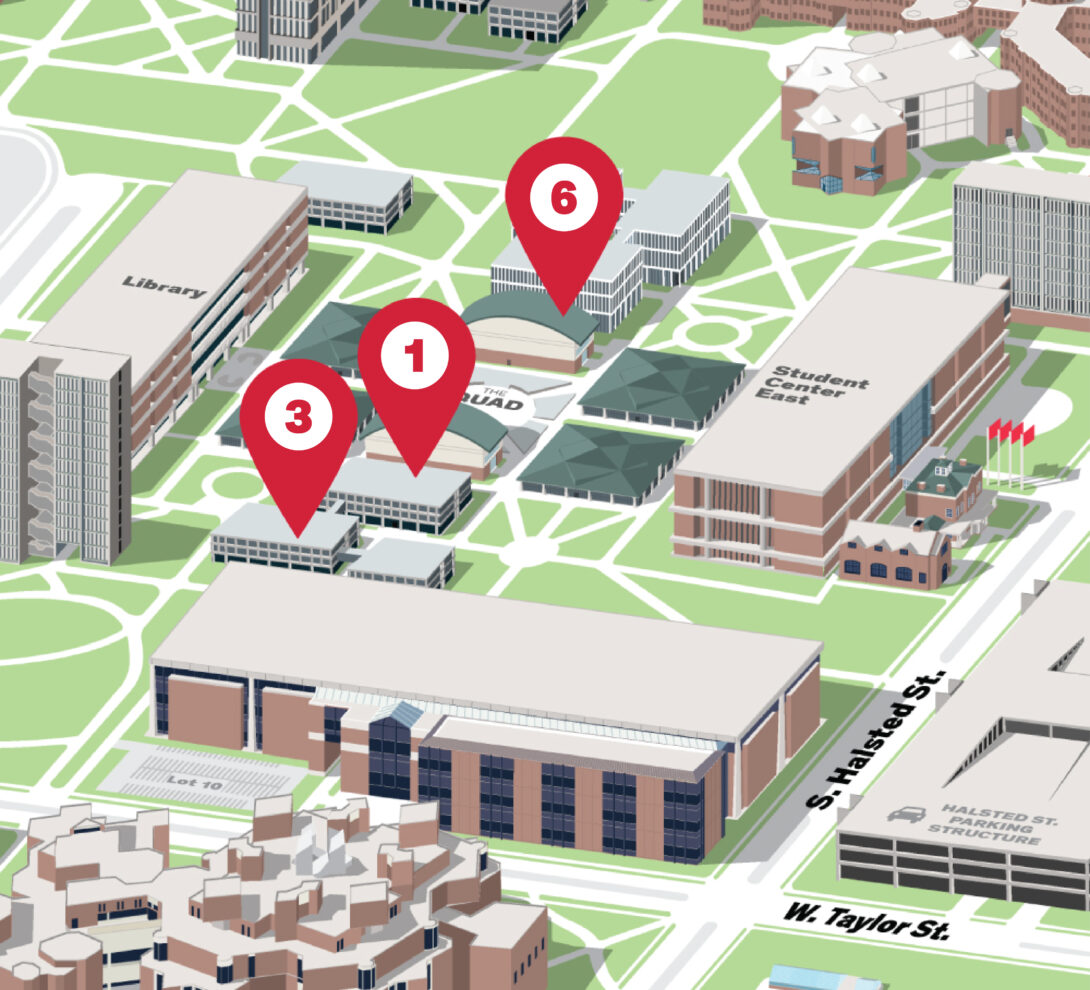 Isometric Illustrative map of UIC East campus with the Arab American Cultural Center building highlighted with number 1