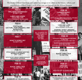 The photo features a white text box with the words “Black History Month 2025” and the theme and description in black text below it, along with the UIC Black Cultural Center’s logo. Under this text box, smaller alternating red and white text boxes make up two columns and list the month’s events in chronological order. The backdrop is a collage of black and white images from African American labor history. 