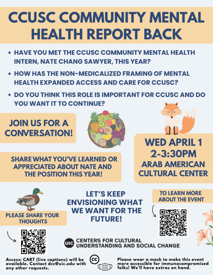 Pale blue graphic with yellow bubbles announcing the title of the event and two short event description sentences. An orange fox and a duck sit atop two of the bubbles. A basket of fruits and leaves is in the center. Text at the bottom reads 