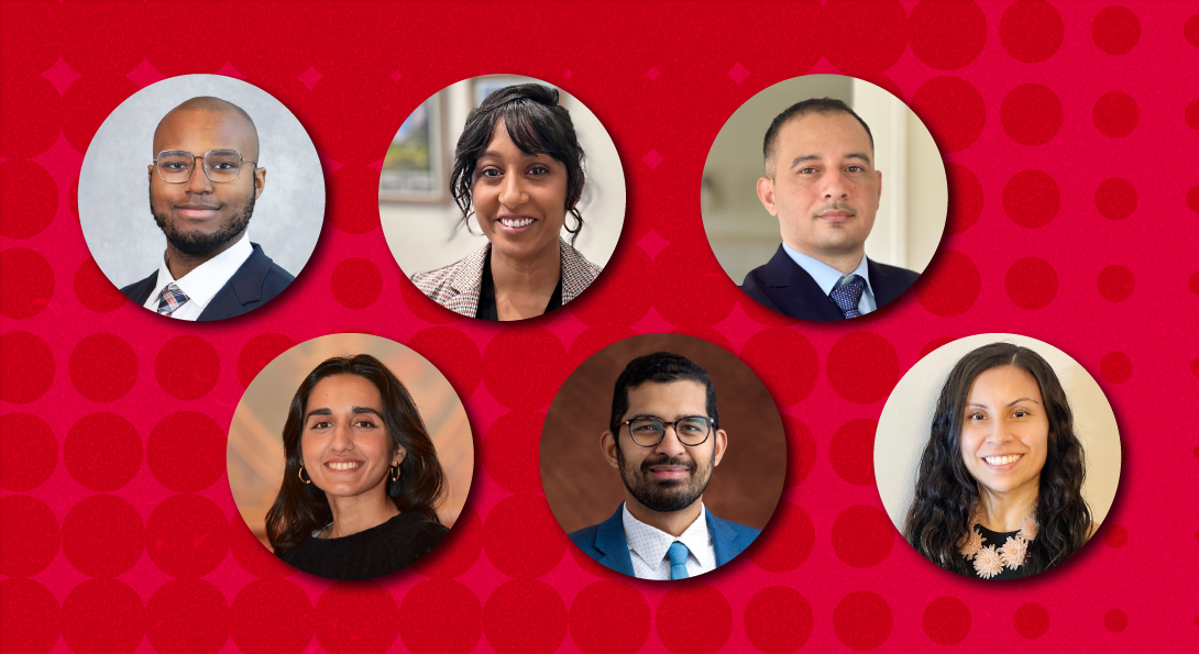 Halftone background pattern in red, with six circle portraits of new faculty members.
