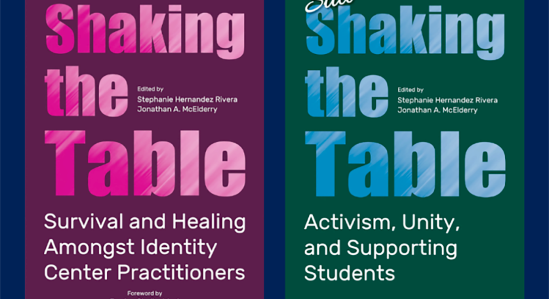 Two book covers side by side on a dark navy background. Left: 